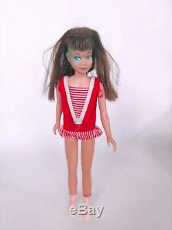 1960s Barbie Ken Skipper black gloss doll case with clothes & 3 Dolls Vintage