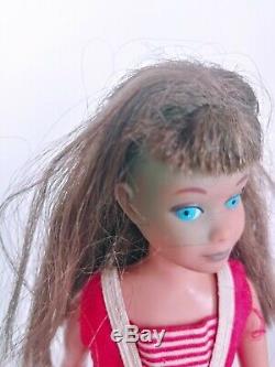 1960s Barbie Ken Skipper black gloss doll case with clothes & 3 Dolls Vintage