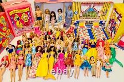 60 Barbie Some Vintage Chelsea Disney Ken. Dolls & Clothes 4 Cases + 10 Gowns