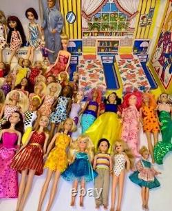 60 Barbie Some Vintage Chelsea Disney Ken. Dolls & Clothes 4 Cases + 10 Gowns