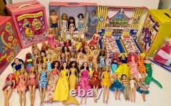 60 Barbie Some Vintage Chelsea Disney Ken. Dolls & Clothes 4 Cases + 10 Gowns