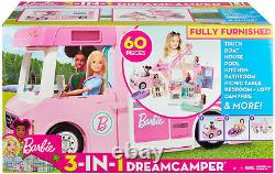 Barbie 3-In-1 Dreamcamper Vehicle Pool Truck Boat 50 Accessories Kids Girls New