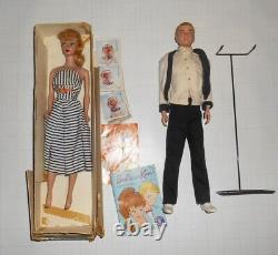 Lot Vintage 1960s Mattel #5 Blonde Ponytail Barbie Doll & Ken with stand box
