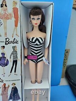 NRFB #1 Vintage Barbie BRUNETTE Ponytail Doll Swimsuit Shoes Box 1959 REPRO