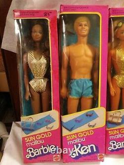 Sun Gold Malibu Barbie, Ken, A. A. Christie & Latin Steffie Lot Nrfb Vintage #1a