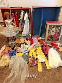 Vintage Barbie Bubble Cut Doll Big Case Clothes Lot