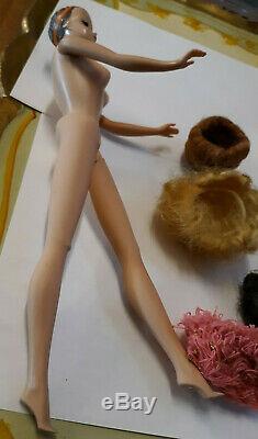 Vintage Sleep Eye Barbie Doll W Head Band Bendable Legs W Wigs Stand Hat Cap Lot